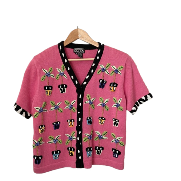 Sweaters - Vintage Y2K Knit Sweater Button Up Short Sleeve Plant Shirt